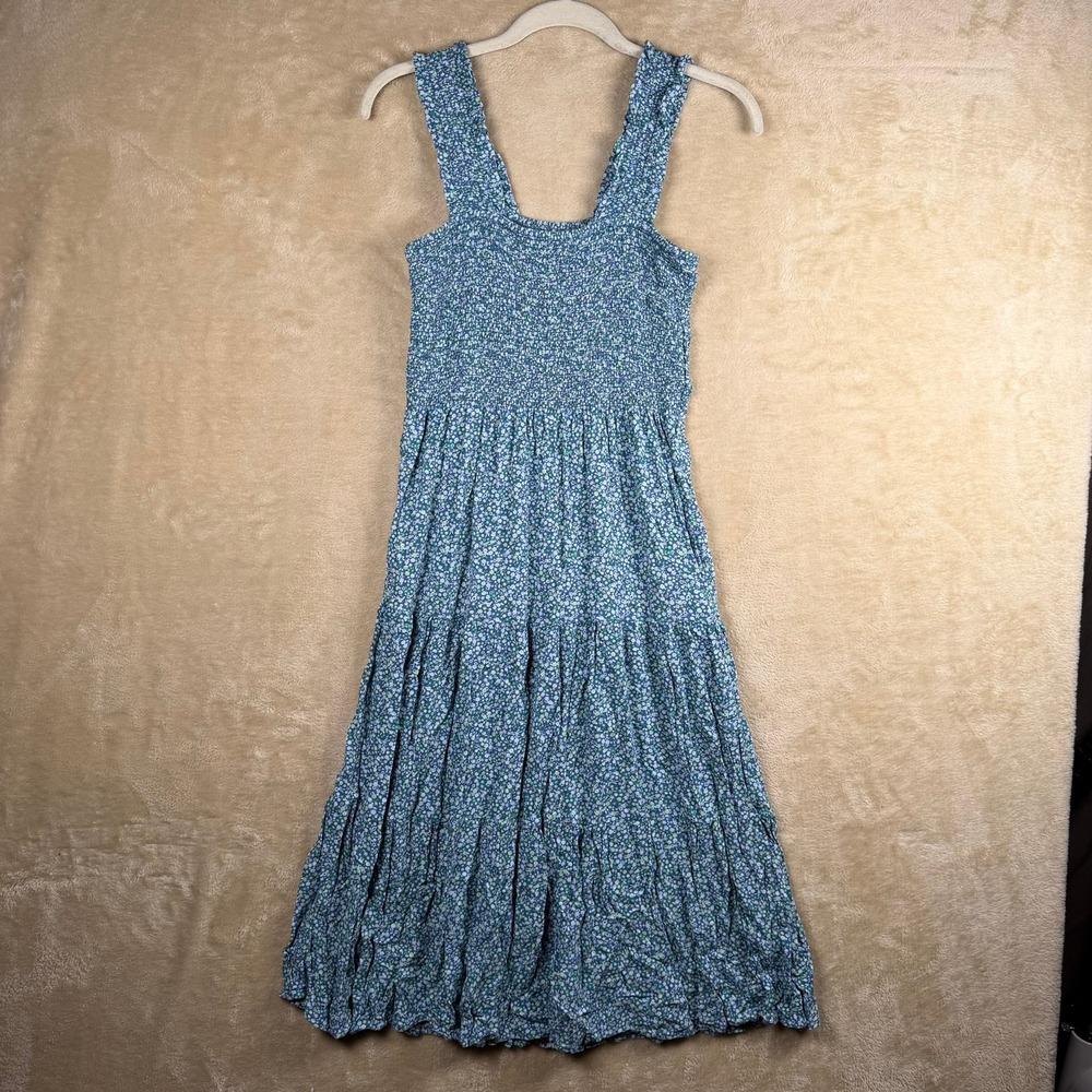 Aerie XS Blue Floral Smocked Tiered Midi Dress Womens Ruffle Strap Ditsy Print